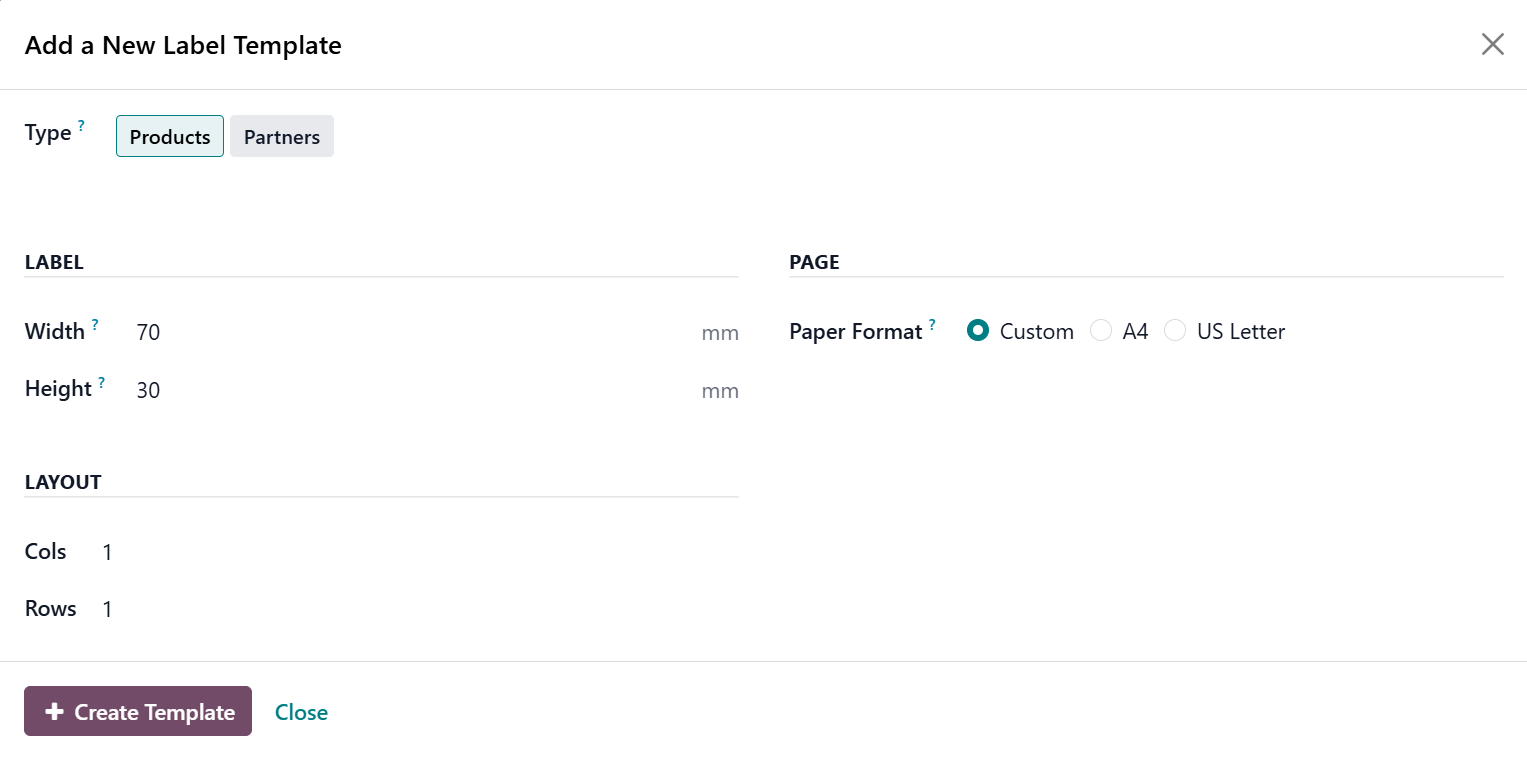 Odoo 19.0 Product Label Builder Start New Template